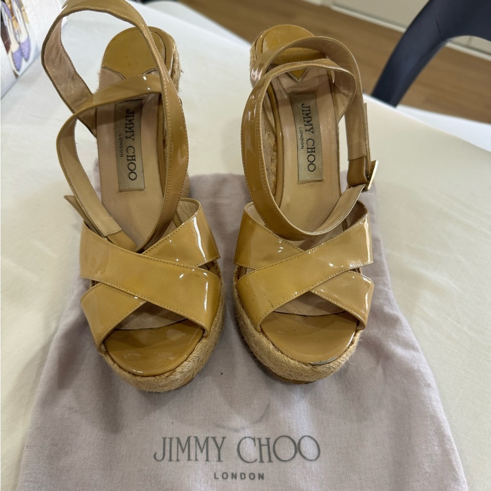 Jimmy Choo Beige Patent Leather Wedge Sandals
